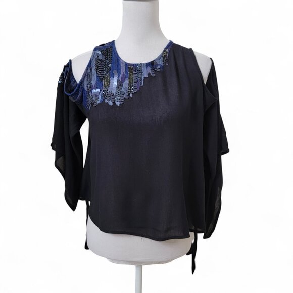 Free People Size XS All About You Embellished Cold Shoulder Blouse in Black - Picture 3 of 15
